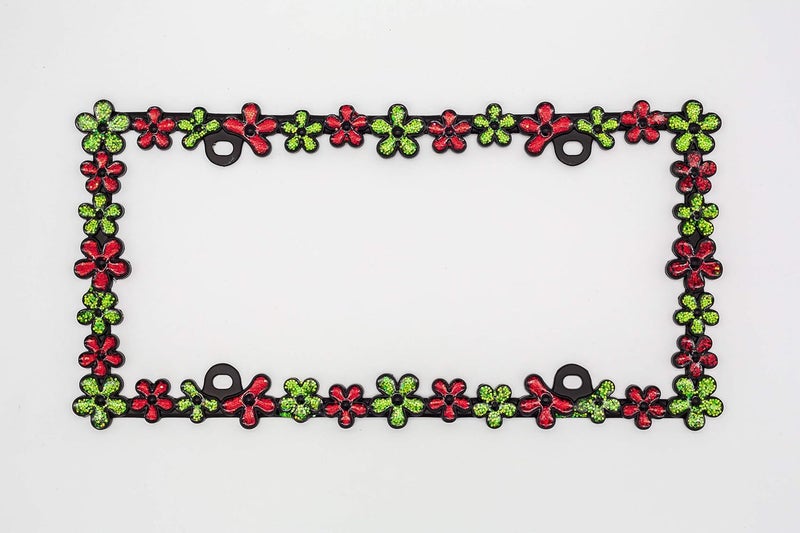 CRAFTHOME 3D Shining Daisy Wrenth License Plate Frame from Pure Zinc Alloy Metal Perfect Plate Holder,Matt Black with Red and Green Glitter - Image 2