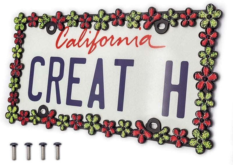 CRAFTHOME 3D Shining Daisy Wrenth License Plate Frame from Pure Zinc Alloy Metal Perfect Plate Holder,Matt Black with Red and Green Glitter - Image 1