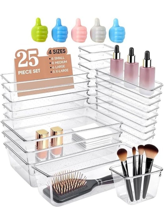 بايتوري مجموعة من 25 منظم درج شفاف مع خطافات إبهام ملونة إضافية – صناديق تخزين بلاستيكية متعددة الأحجام للمكياج والمكتب والمنزل - Image 1