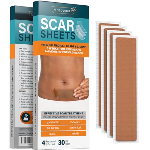 NUVADERMIS Silicone Scar Sheets – Extra Long Medical-Grade Scar Sheets for C-Section, Tummy Tuck, Keloid, and Surgical Scars – Reusable and Effective – Pack of 4 – Medium Tone - Image 1