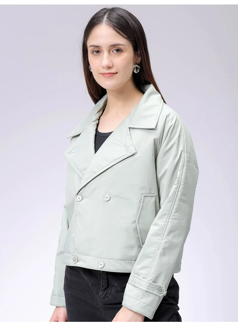 مرفوعة Women Straight Green Solid Collared Neck Long Sleeve Outerwear