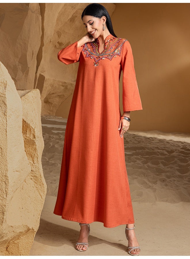 Madam Uniq Middle Eastern Luxury Hand-Stitched Heavy-Duty Arab Long Robe with Gemstone Accents - Image 3