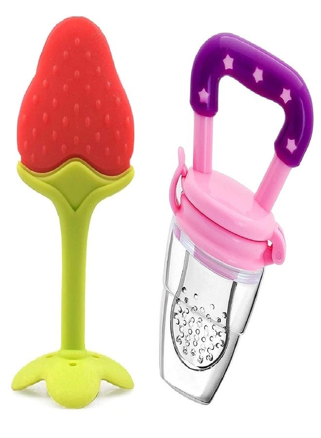 Chopchi Silicone Fruit Shape Teether and Fruit Pacifier for 6-12 Months Babies Combo Pack Color Red & Pink Set - Image 1
