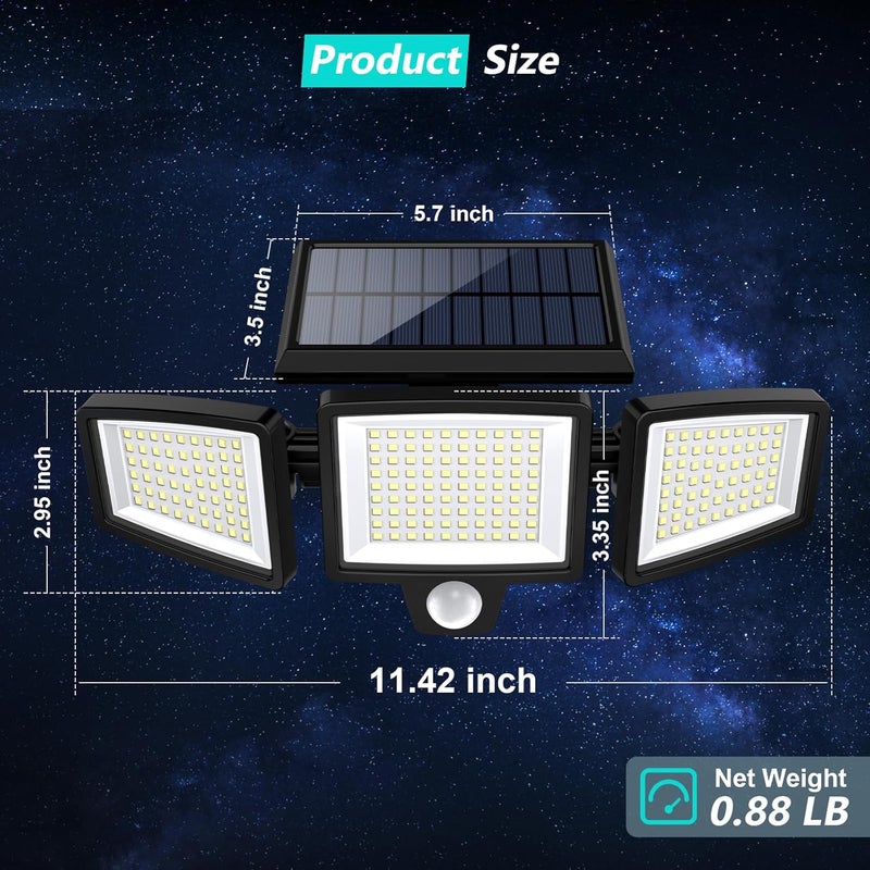 Tuffenough Solar Outdoor Lights 2500LM 210 LED Security Lights with Remote Control,3 Heads Motion Sensor Lights, IP65 Waterproof,270° Wide Angle Flood Wall Lights with 3 Modes(1 Packs) - Image 3