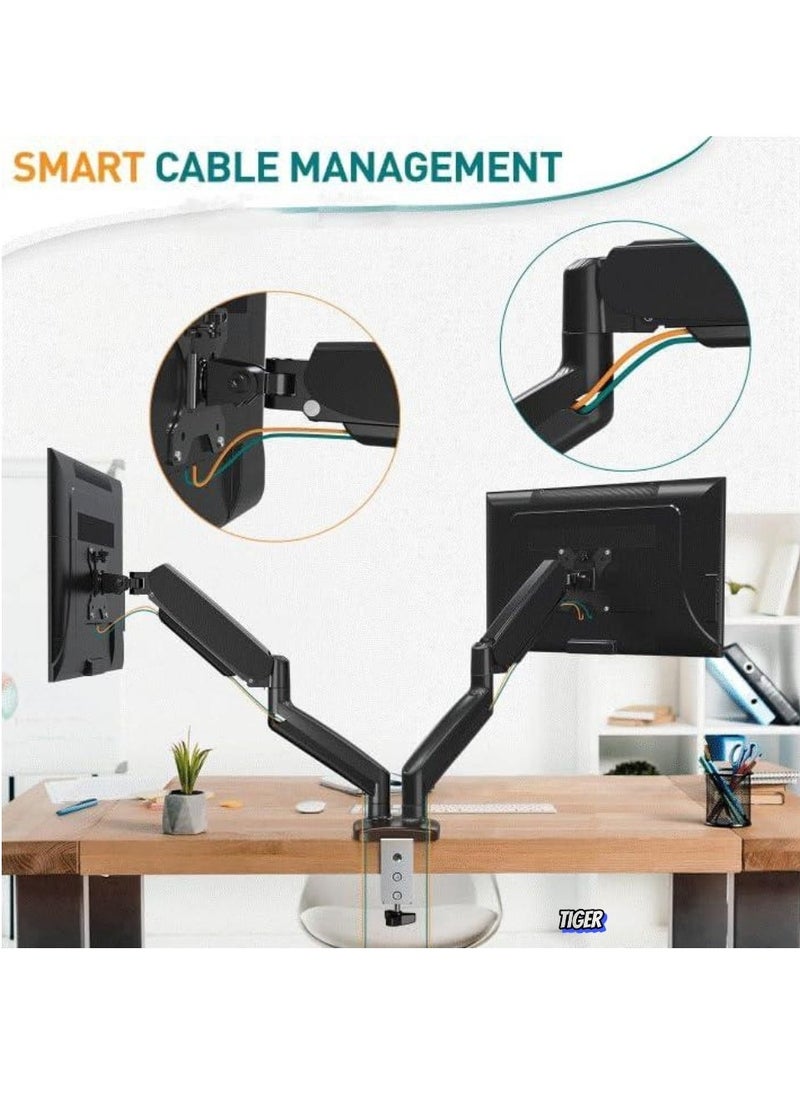 TIGER Dual Monitor Arm – Adjustable Gas Spring Ergonomic PC Monitor Stand for 13-32 Inch Monitors, VESA Compatible (75x75/100x100), with C-Clamp & Grommet Base  - Image 2
