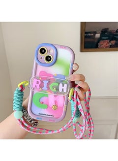 Generic iPhone 14 Plus Case Cover Lovely Halo Dyed Pink Green RICH with Adjustable Strap Chain Crossbody Lanyard for Women Girly, Soft TPU Full Protective Protector Accessories Back Cover for iPhone 14 Plus  - Image 4