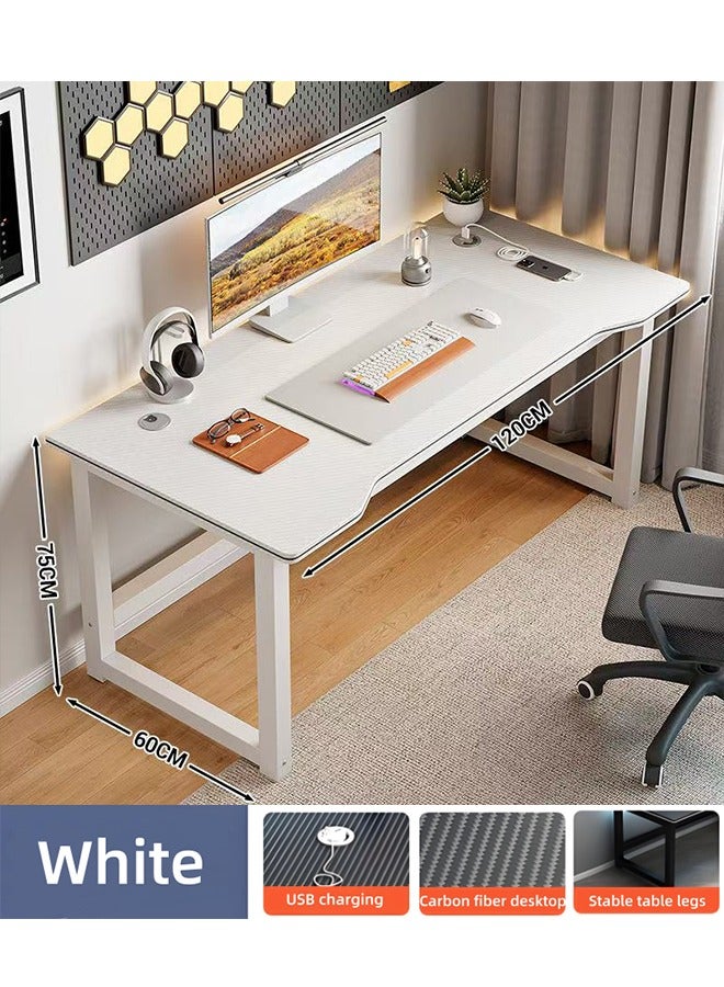 طاولة الكمبيوتر، طاولة ألعاب 120 سم، طاولة مكتب المنزل مجهزة بمقبس USB وثقوب للكابلات، طاولة دراسة ذات إطار معدني، طاولة لابتوب بسيطة، محطة عمل مكتبية كبيرة (بيضاء) - Image 2