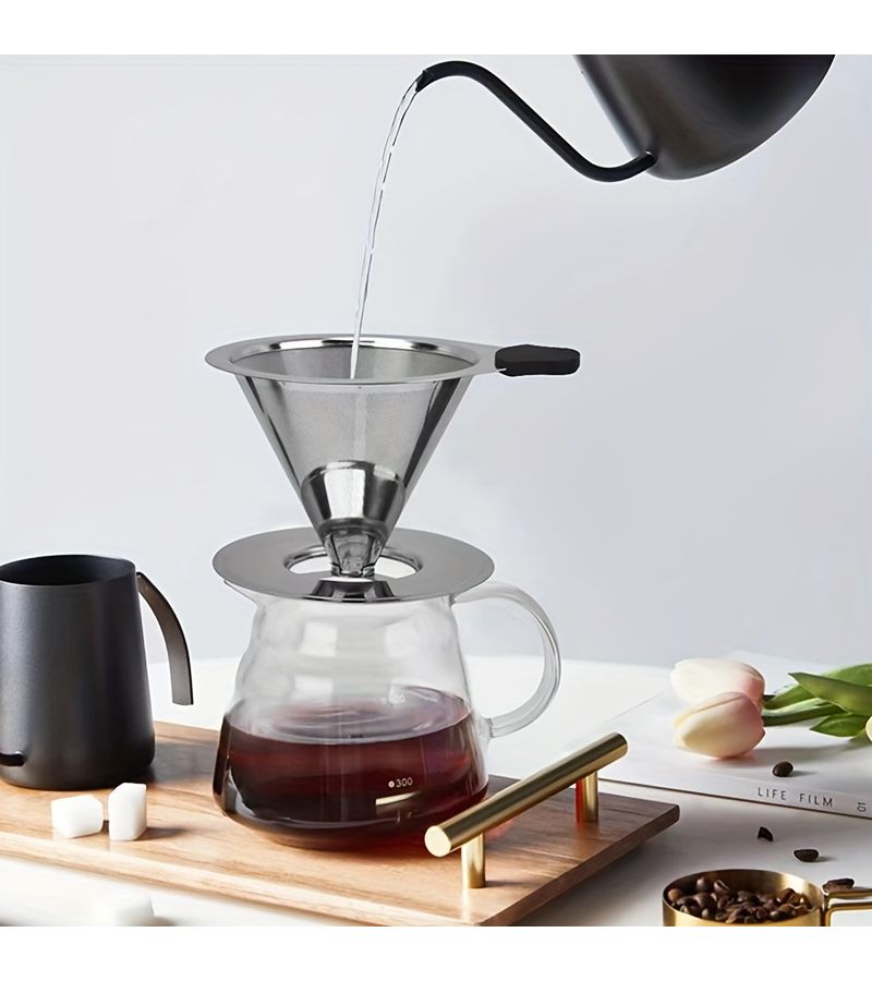 Permanent Coffee Filter Dripper With Cup Holder Pour Over Coffee Drip Cone 1 2 Cups Double Mesh Paperless Manual Reusable Stainless Steel Silvery - Image 1