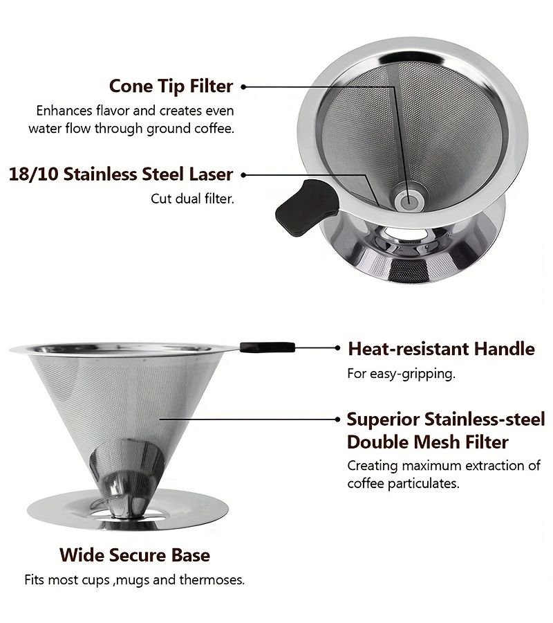 Permanent Coffee Filter Dripper With Cup Holder Pour Over Coffee Drip Cone 1 2 Cups Double Mesh Paperless Manual Reusable Stainless Steel Silvery - Image 5