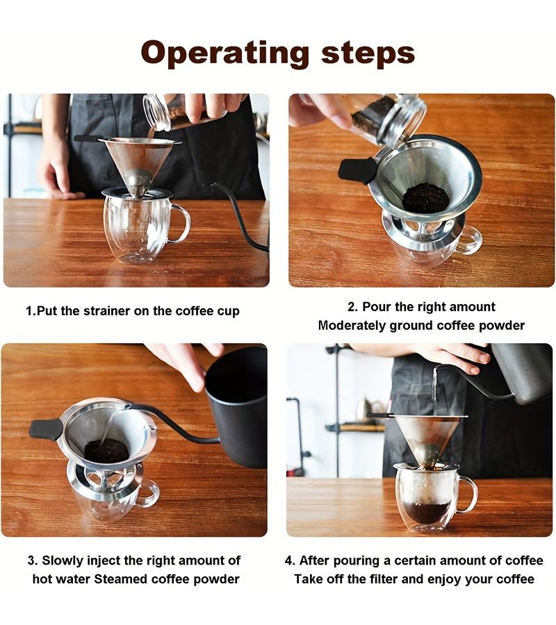 Permanent Coffee Filter Dripper With Cup Holder Pour Over Coffee Drip Cone 1 2 Cups Double Mesh Paperless Manual Reusable Stainless Steel Silvery - Image 2