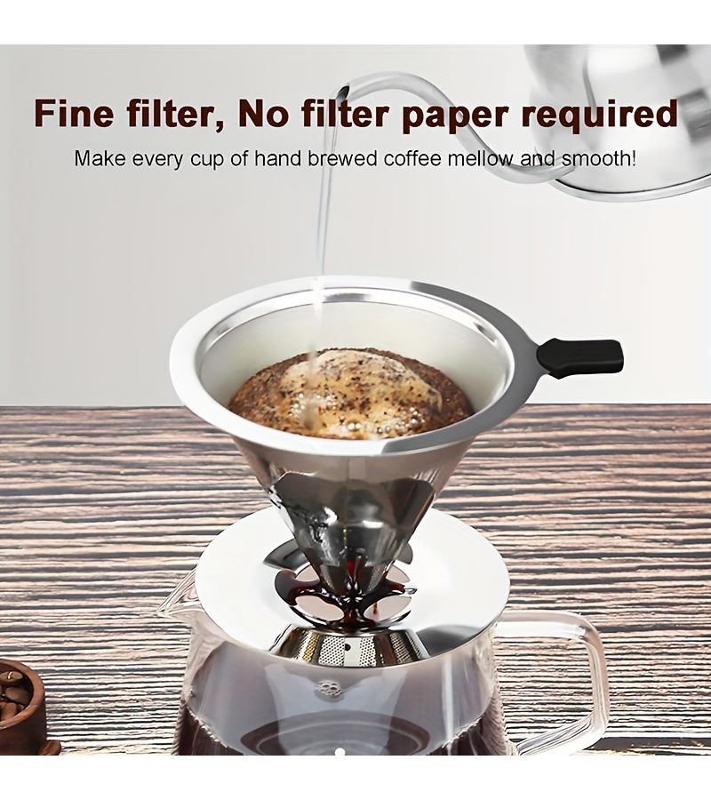 Permanent Coffee Filter Dripper With Cup Holder Pour Over Coffee Drip Cone 1 2 Cups Double Mesh Paperless Manual Reusable Stainless Steel Silvery - Image 4
