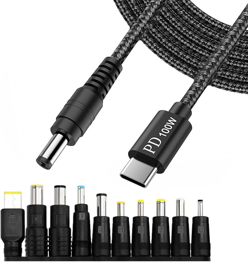 KASTWAVE Type C to DC5521 5.5x2.1mm Power Cable 200cm with 10 Adapters, PD 20V 5A 100W Adjustable Voltage USB-C to DC Power Converter Cable for Electronics - Image 1