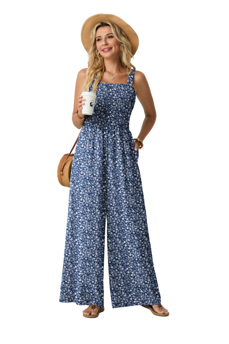 Lepunuo Jumpsuits for Women Casual One Piece Overalls Smocked Wide Leg Long Rompers With Pockets Beach Vacation - Image 2