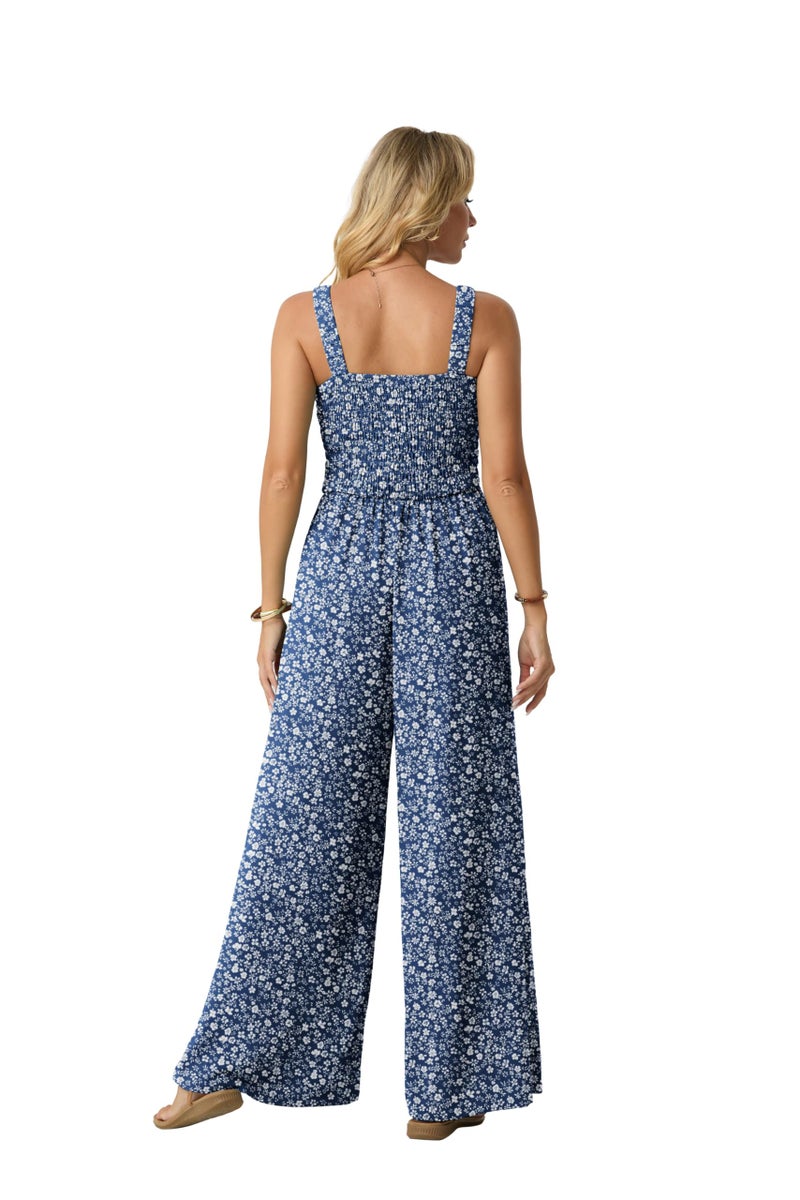 Lepunuo Jumpsuits for Women Casual One Piece Overalls Smocked Wide Leg Long Rompers With Pockets Beach Vacation - Image 4