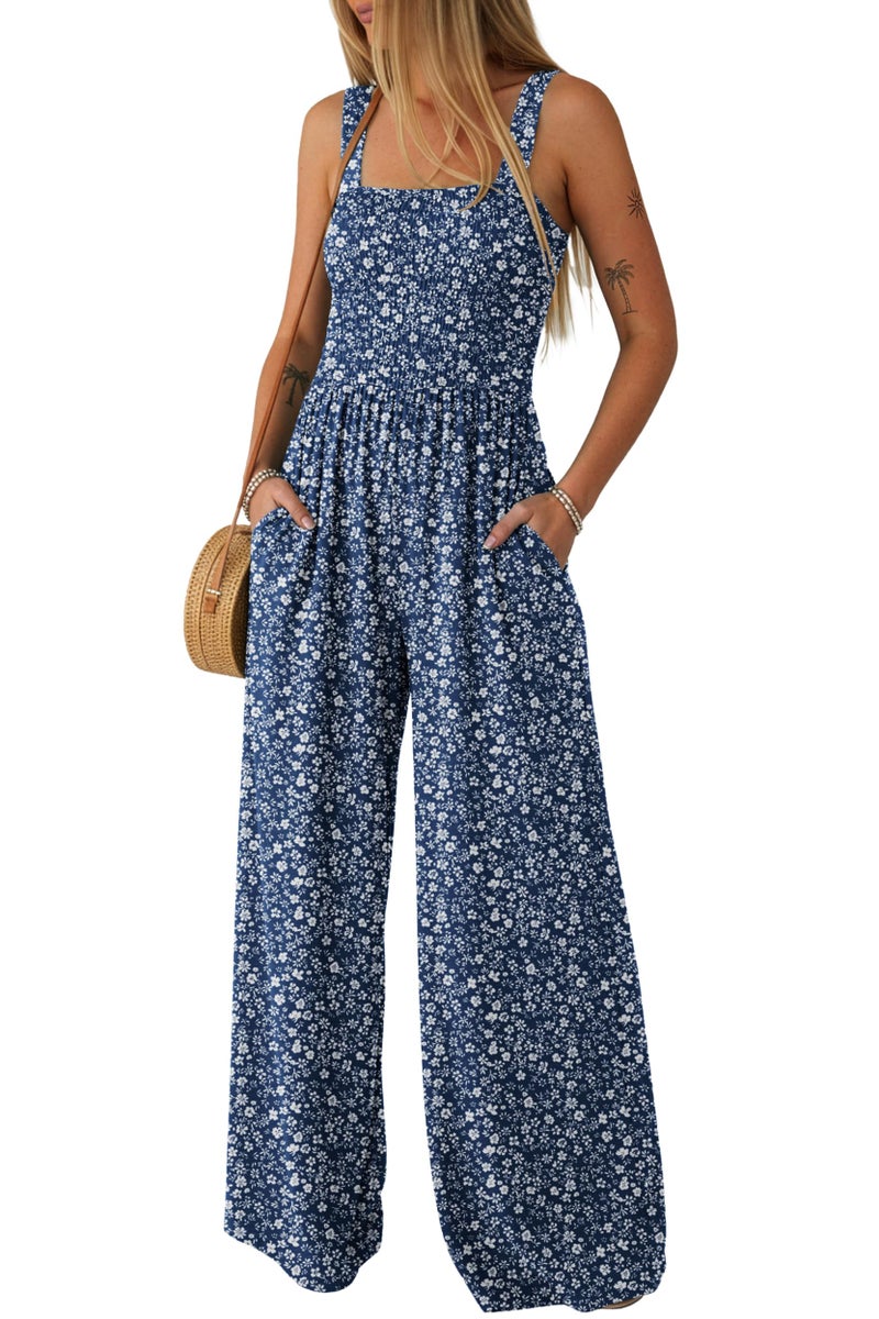 Lepunuo Jumpsuits for Women Casual One Piece Overalls Smocked Wide Leg Long Rompers With Pockets Beach Vacation - Image 1