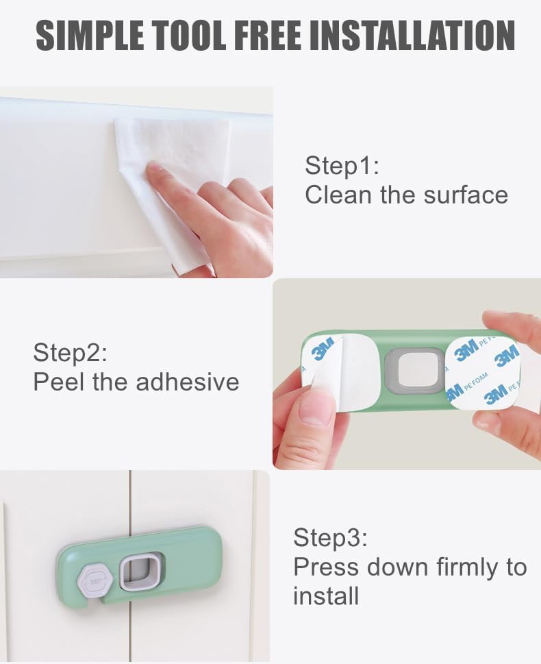 JZS Child Proof Refrigerator Lock, Fridge Locks for Kids with Sticky Adhesive Pads, Child Safety Locks for Doors, RV Refrigerator, Oven Lock Child Safety Baby Cabinet Locks (2 Pack, Green) - Image 5