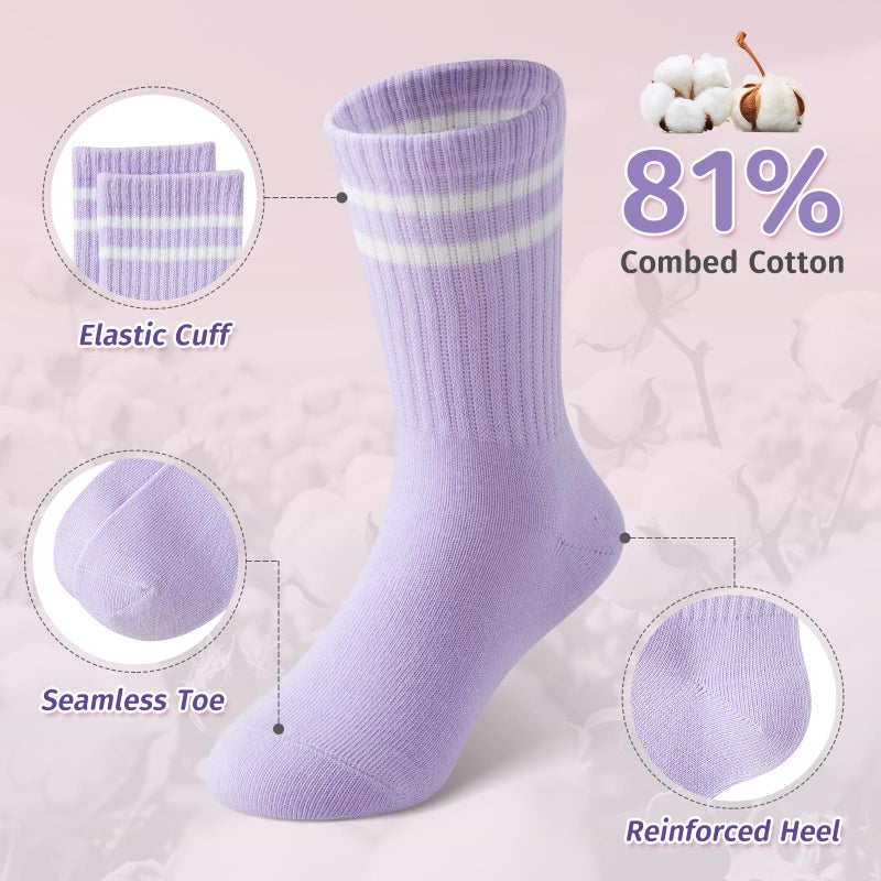 Sockswift Girls Socks Kids Cotton Socks Pink Crew Athletic Socks with Stripes 5 Pairs - Image 3