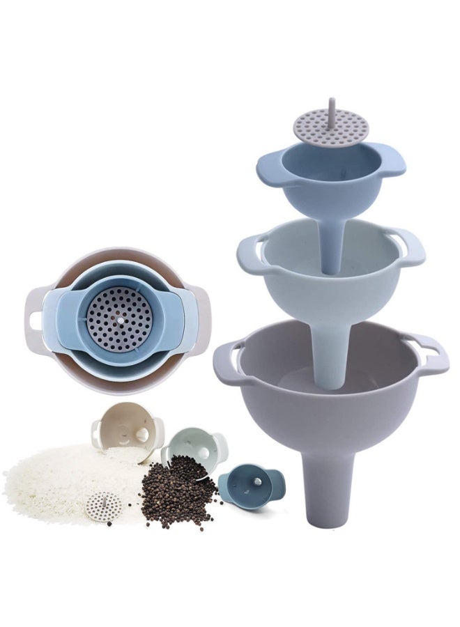 هومستر قمع متعدد الوظائف 4 في 1، مع فلاتر مصفاة، مجموعة قمع بلاستيكي للمطبخ لصلصة الصويا والزيت، فتحة معلق للتخزين السهل، زوايا تعبئة، فم عريض مع فلاتر مصفاة، مثالي للتصفية ونقل الفاصوليا، أزرق/رمادي، 12.8*11 سم - Image 1