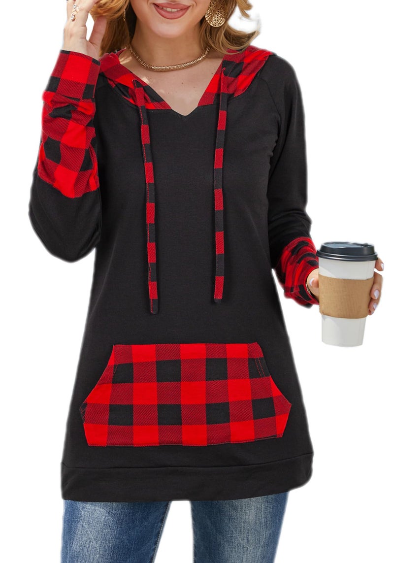 BEPEI Christmas Sweaters for Women 2025,Women Gifts Fall Hoodies Black and Red Plaid Hoodie Fashion Crewneck Long Sleeve Tunic Length Dressy Casual Work Sweatshirts with Pocket 2XL - Image 2
