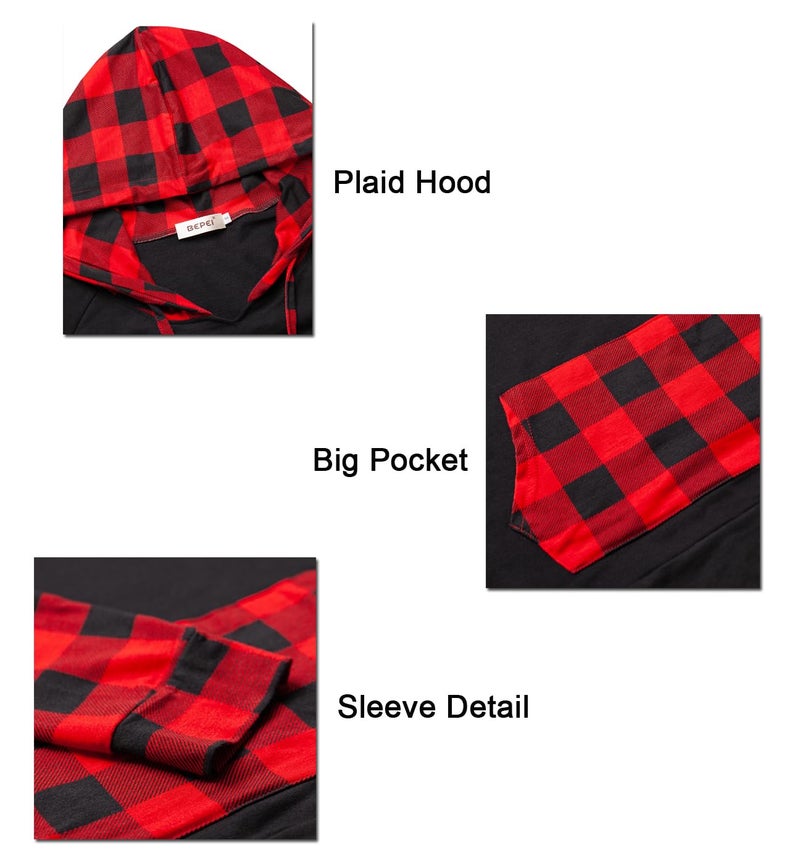 BEPEI Christmas Sweaters for Women 2025,Women Gifts Fall Hoodies Black and Red Plaid Hoodie Fashion Crewneck Long Sleeve Tunic Length Dressy Casual Work Sweatshirts with Pocket 2XL - Image 4