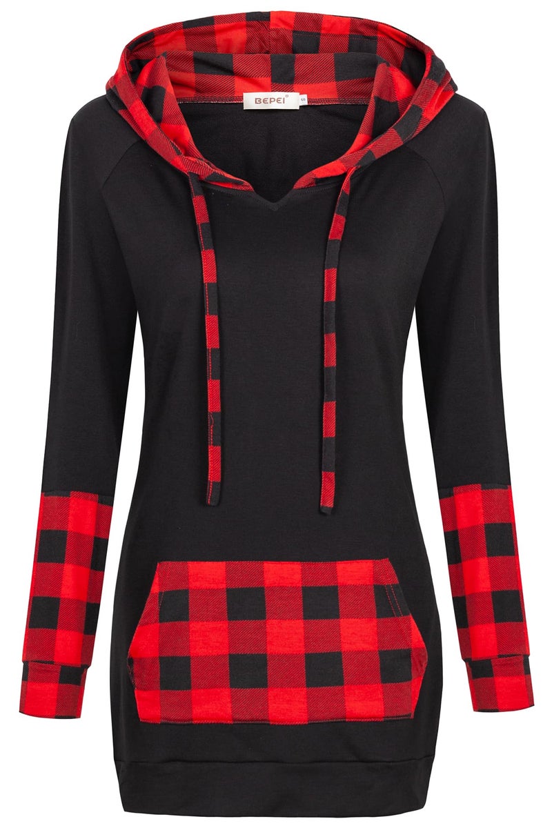BEPEI Christmas Sweaters for Women 2025,Women Gifts Fall Hoodies Black and Red Plaid Hoodie Fashion Crewneck Long Sleeve Tunic Length Dressy Casual Work Sweatshirts with Pocket 2XL - Image 1