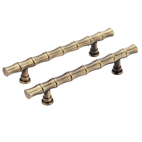 Mgoodoo 5Pcs 5.83inch Bamboo Zinc Alloy Cabinet Handles -Hole Spacing 3.78", Drawer Dresser Cupboard Closet Handle Pulls Retro Solid Furniture Pull Knob Antique Brass Decorative - Image 2