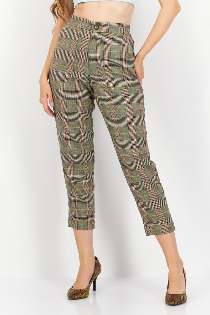 ESPRIT Women Regular Fit Plaid Capri Pants, Grey Combo - Image 1