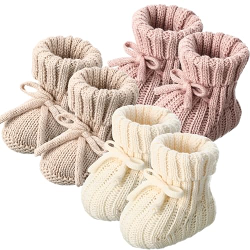 Evervibe 3 Pairs Knitted Baby Booties 0-6 Months Newborn Baby Shoes First Walkers Cozy Shoes for Infant Girl Boy(Beige,Khaki,Pink,Classic) - Image 1