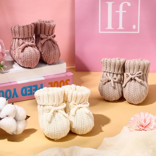 Evervibe 3 Pairs Knitted Baby Booties 0-6 Months Newborn Baby Shoes First Walkers Cozy Shoes for Infant Girl Boy(Beige,Khaki,Pink,Classic) - Image 5