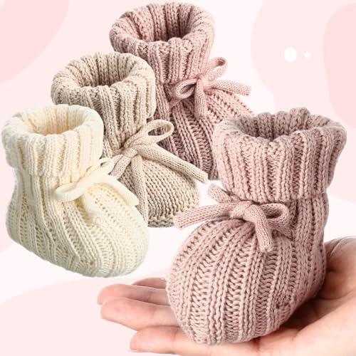Evervibe 3 Pairs Knitted Baby Booties 0-6 Months Newborn Baby Shoes First Walkers Cozy Shoes for Infant Girl Boy(Beige,Khaki,Pink,Classic) - Image 3