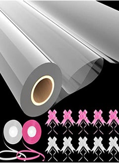 Clear Cellophane Wrap Roll for Gift Baskets with 10 Large Pull Bows and 2 Ribbons - Cello Flower Wrapping Paper used for Cookie, Basket Wrap, Books, Bouquet, Fruit and Crafts (17 in x 17 in)