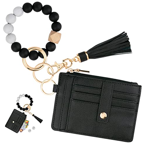 KNGITRYI Wallet Keychain Wristlet for Women,Slim RFID Credit Card Holder Purse Tassel Keychain Bangle Key Ring for Men Women(Black) - Image 1