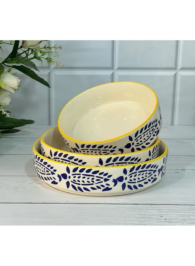 Praahi Lifestyle Premium Ceramic Salad Bowl- Serving Snacks Ceramic Plates - Set of 3- Stackable Sizes (5.5 inch, 6.5 inch, 7.5 inch) Microwave Safe | Best Rakhi Gift for Bhabhi, Yellow and Blue - Image 1