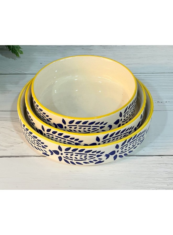 Praahi Lifestyle Premium Ceramic Salad Bowl- Serving Snacks Ceramic Plates - Set of 3- Stackable Sizes (5.5 inch, 6.5 inch, 7.5 inch) Microwave Safe | Best Rakhi Gift for Bhabhi, Yellow and Blue - Image 5