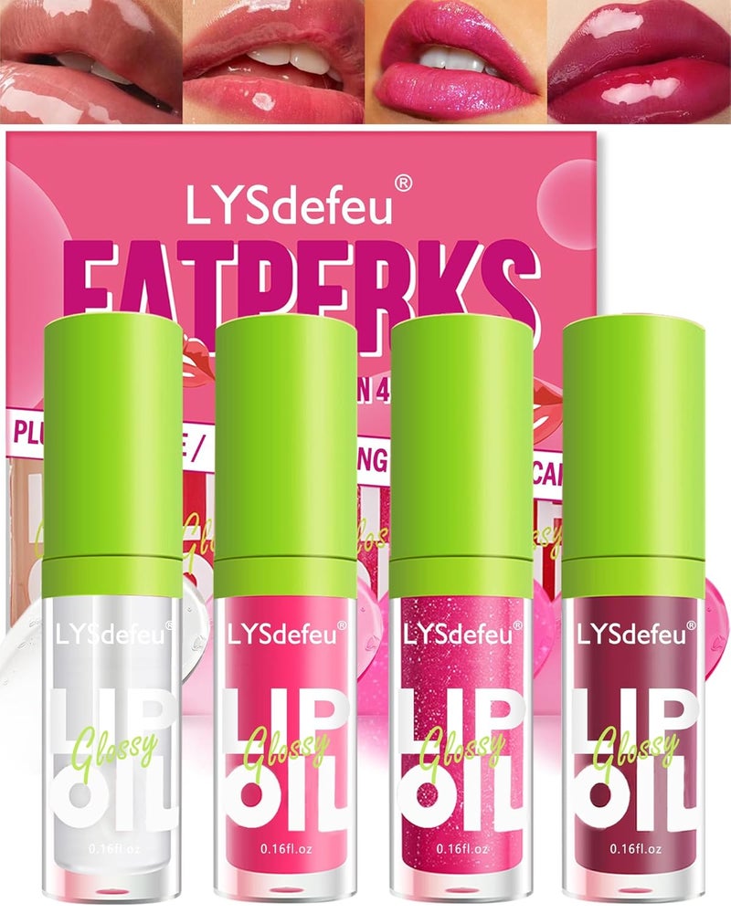 4 Colors Lip Oil Lip GlazeHydrating Tinted Plumping Lip GlossClear Pink Shiny Glow Reviver Lip Care OilLonglasting Nonsticky Transparent Lip OilWomens Day Makeup Gift Kit for WomenSetA
