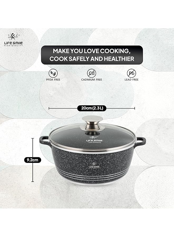 لايف سمايل قدر طهي بغطاء | قدر حساء من الألومنيوم المصبوب بغطاء زجاجي | خالٍ تمامًا من حمض بيرفلورو الأوكتانويك (PFOA)، بمقبض ثابت | مطلي بطبقة جرانيت متعددة الطبقات غير لاصقة | آمن للاستخدام في الفرن (أسود، سعة ٢٫٣ لتر) - Image 3