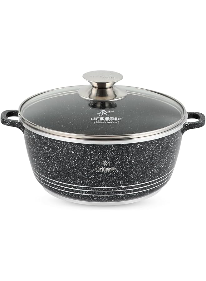 لايف سمايل قدر طهي بغطاء | قدر حساء من الألومنيوم المصبوب بغطاء زجاجي | خالٍ تمامًا من حمض بيرفلورو الأوكتانويك (PFOA)، بمقبض ثابت | مطلي بطبقة جرانيت متعددة الطبقات غير لاصقة | آمن للاستخدام في الفرن (أسود، سعة ٢٫٣ لتر) - Image 1