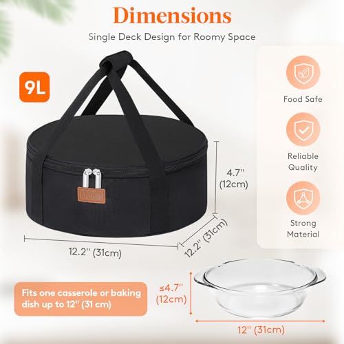 Lifewit Insulated Round Casserole Carrier, Portable Pie Carrier Bag for Hot or Cold Food, Fits 12.5" Baking Dish, Thermal Lunch Tote for Potluck Parties, Picnic and Cookouts, Black - Image 2