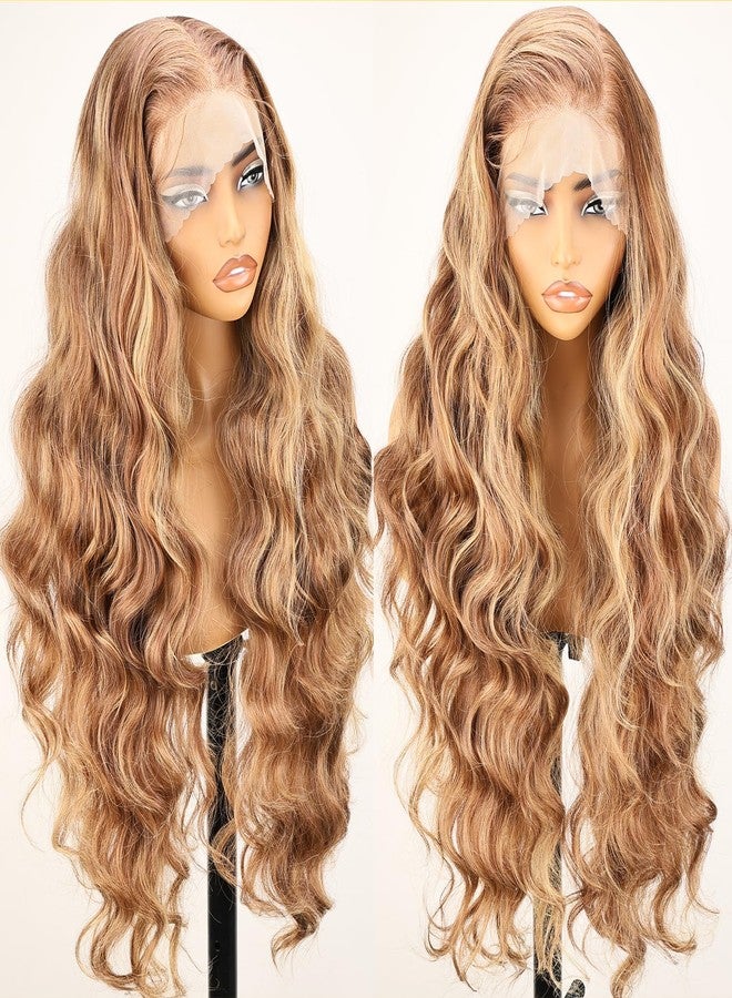 SOKU 13x6 Lace Frontal Wig Blonde Highlights 32 Inch Long Body Wave Pre Plucked with Babyhair Knotless Transparent Lace Heat Friendly Highlighted Bouncy Wave Glueless Synthetic Hair Wigs - Image 1