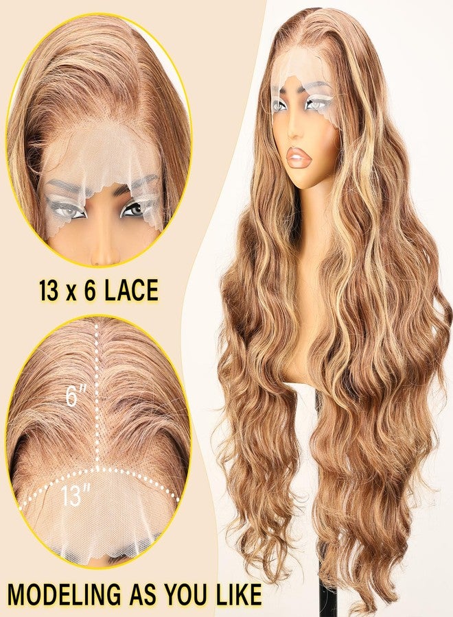 SOKU 13x6 Lace Frontal Wig Blonde Highlights 32 Inch Long Body Wave Pre Plucked with Babyhair Knotless Transparent Lace Heat Friendly Highlighted Bouncy Wave Glueless Synthetic Hair Wigs - Image 2