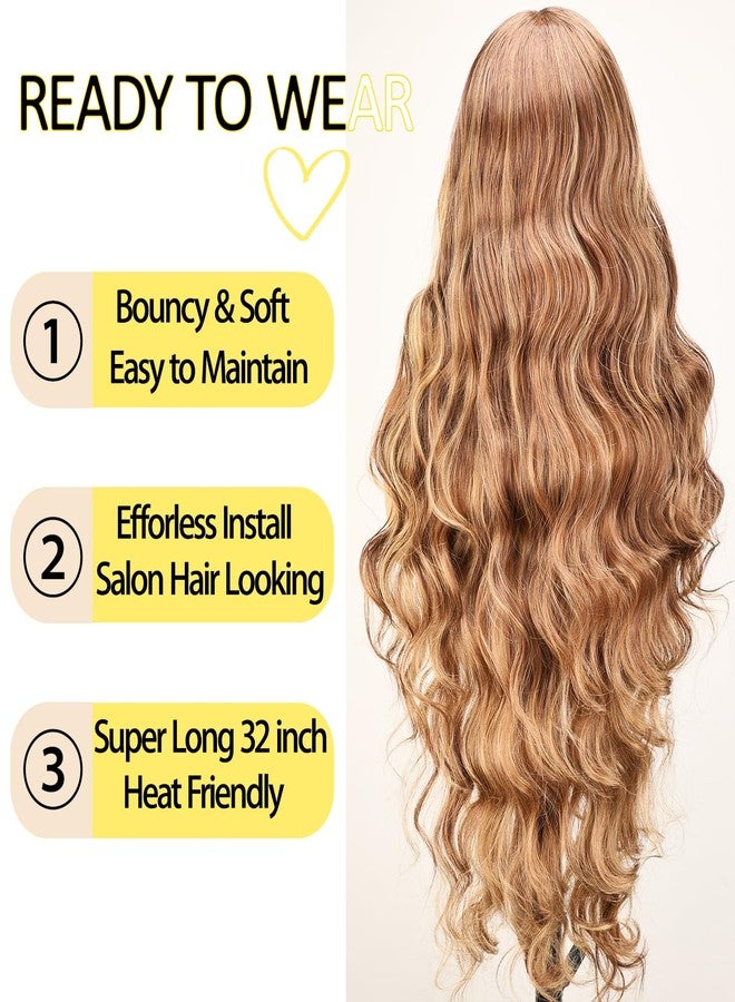 SOKU 13x6 Lace Frontal Wig Blonde Highlights 32 Inch Long Body Wave Pre Plucked with Babyhair Knotless Transparent Lace Heat Friendly Highlighted Bouncy Wave Glueless Synthetic Hair Wigs - Image 3