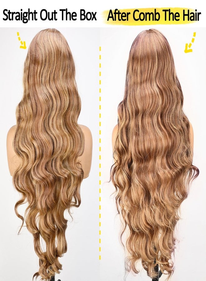 SOKU 13x6 Lace Frontal Wig Blonde Highlights 32 Inch Long Body Wave Pre Plucked with Babyhair Knotless Transparent Lace Heat Friendly Highlighted Bouncy Wave Glueless Synthetic Hair Wigs - Image 5