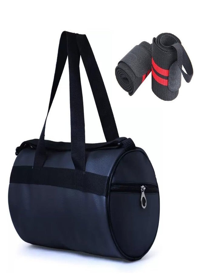 Rainox Combo Pack of PU-Leather Black Gym Bag, Gym Duffel Bag with Shoulder Strap for Men & Women with Red Wrist Support Gym Band - Image 1