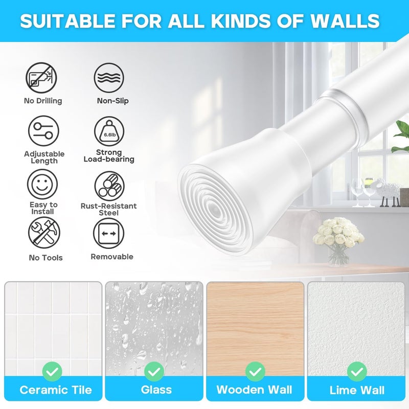 AIZESI Spring Tension Rods Adjustable Tension Curtain Rod Small Tension Rod No Drilling Expandable Spring Loaded Curtain Tension Rod?White,45" to 77"-1Pcs) - Image 2