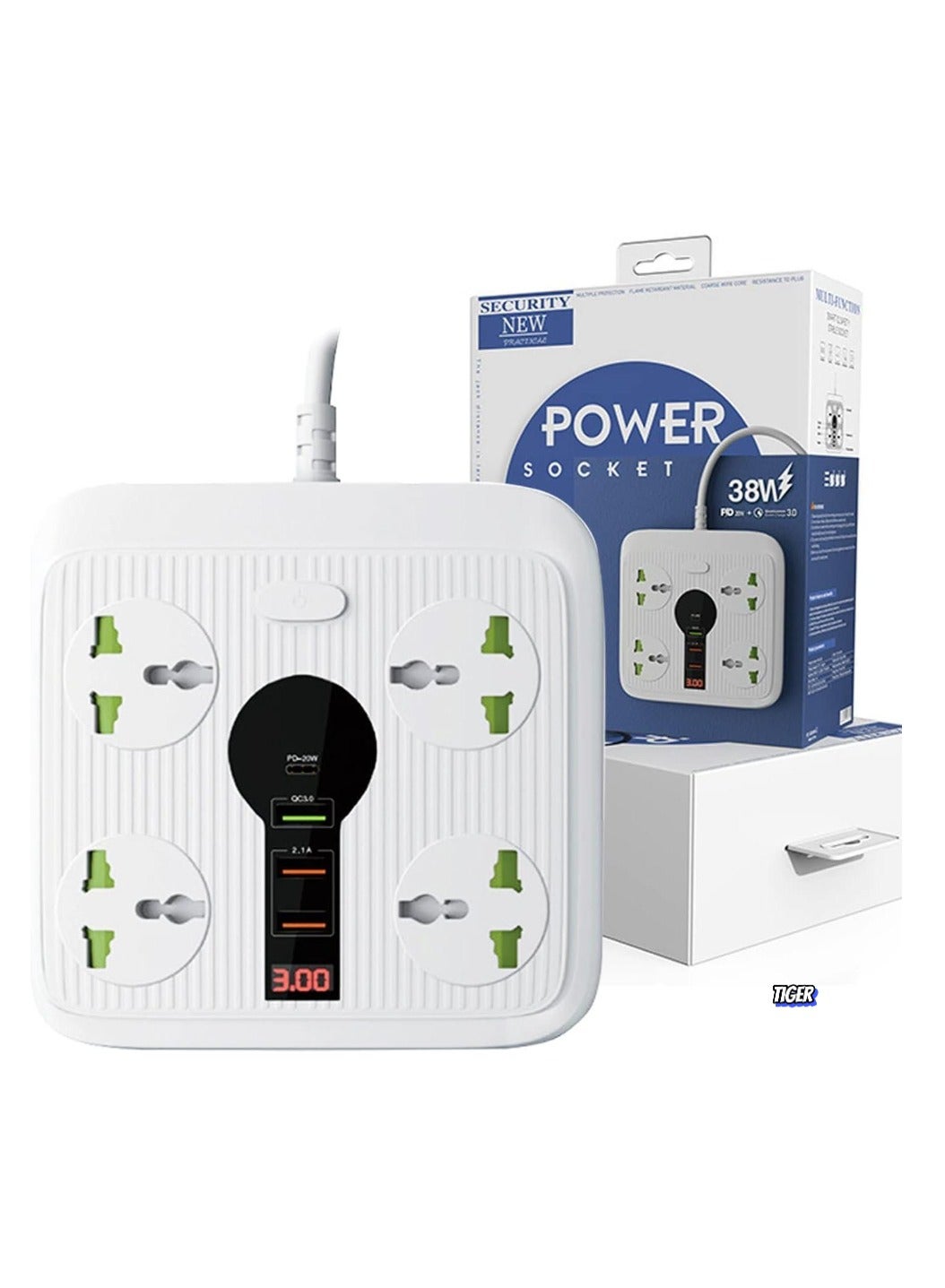 Power Strip Surge Protector with USB, 4 AC Outlets & 3 USB Ports (1 PD), Flat Plug Extension Cord, 6ft Power Cord, Compact Desktop Socket for Travel, Home, and Office – Safe and Convenient Power Solution