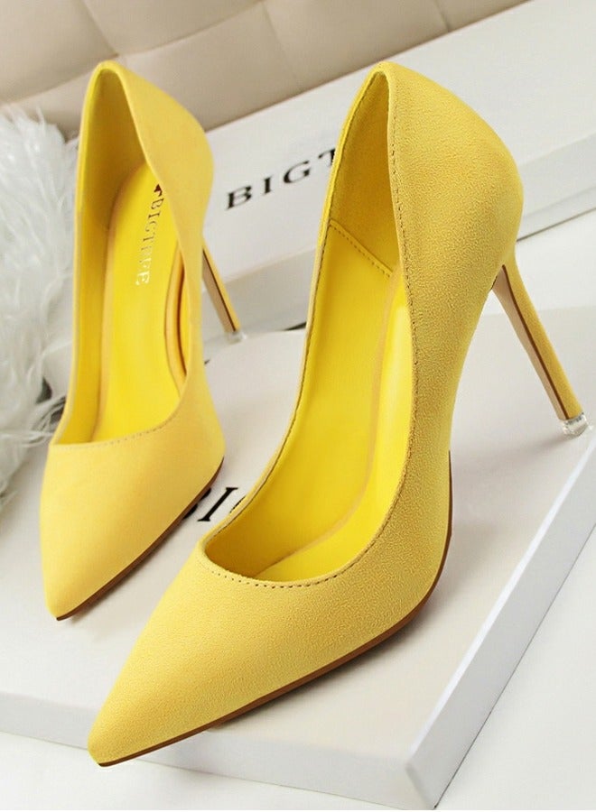 BIGTREE Women's Elegant Coral Velvet Stiletto Pumps 9 CM Fashion Gorgeous Closed Pointed Toe Slip On Solid High Heels Yellow - Image 1