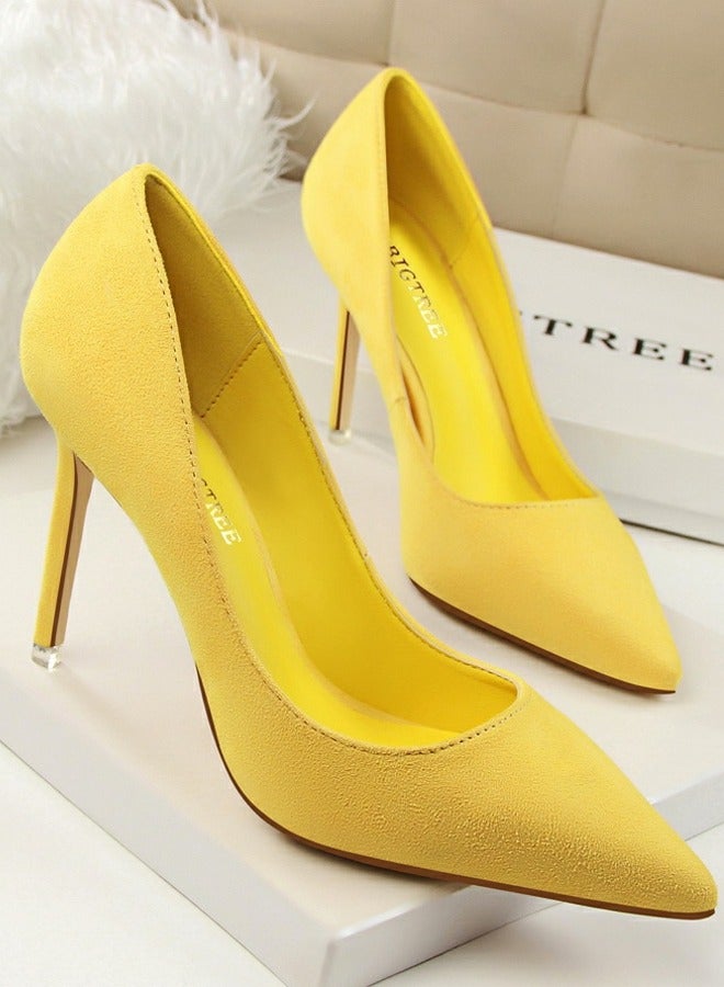 BIGTREE Women's Elegant Coral Velvet Stiletto Pumps 9 CM Fashion Gorgeous Closed Pointed Toe Slip On Solid High Heels Yellow - Image 2