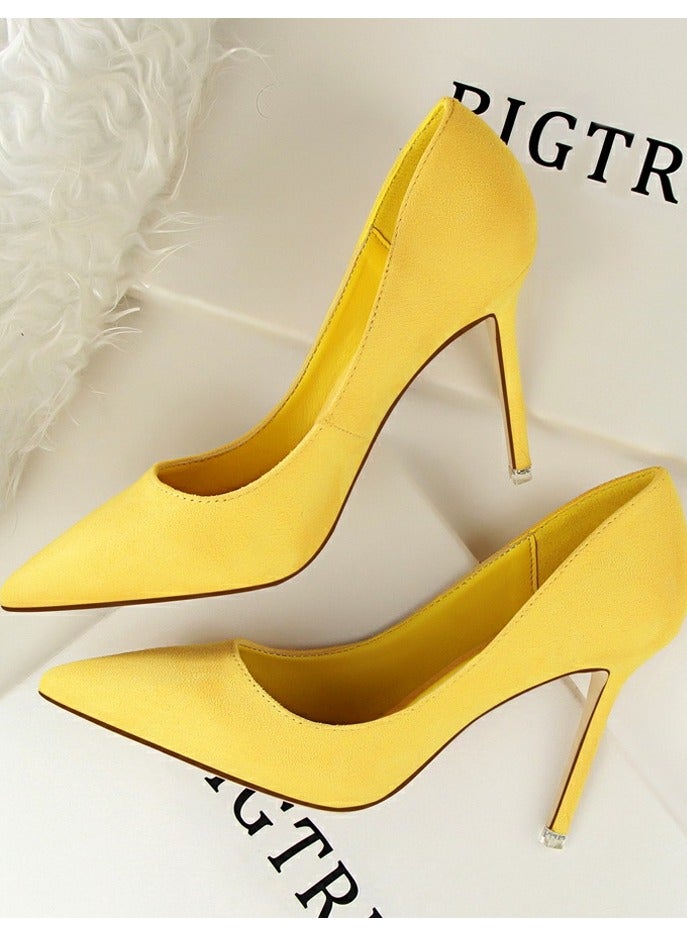 BIGTREE Women's Elegant Coral Velvet Stiletto Pumps 9 CM Fashion Gorgeous Closed Pointed Toe Slip On Solid High Heels Yellow - Image 3