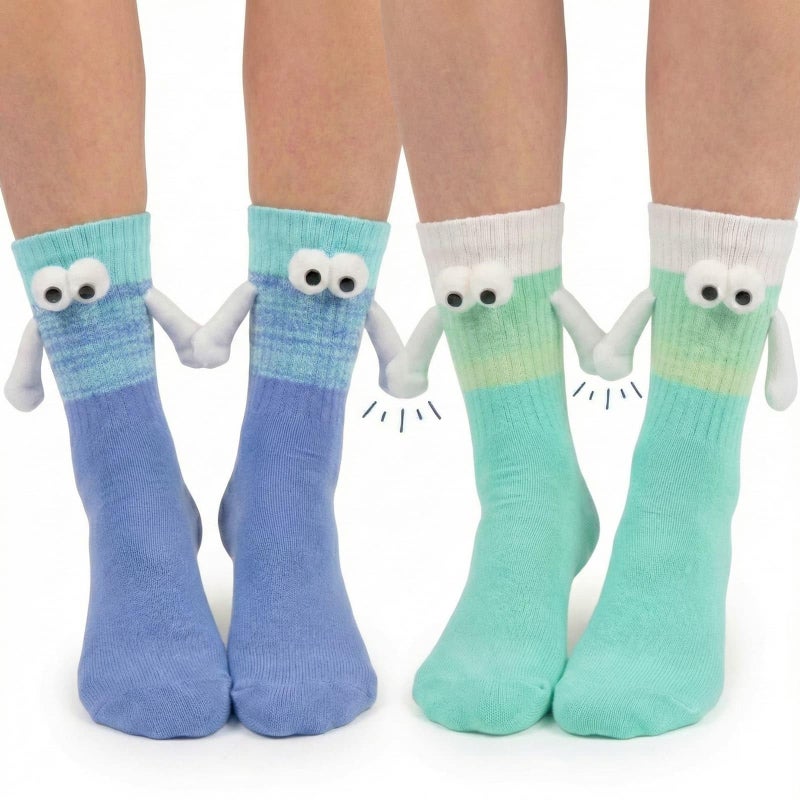 YKW Magnetic Crazy Socks - 2 Pairs Fun Cartoon Character Socks That Hold Hands - Unique Novelty Gifts for Men Women Best Friends (Green/White & Blue/Green) - Image 1