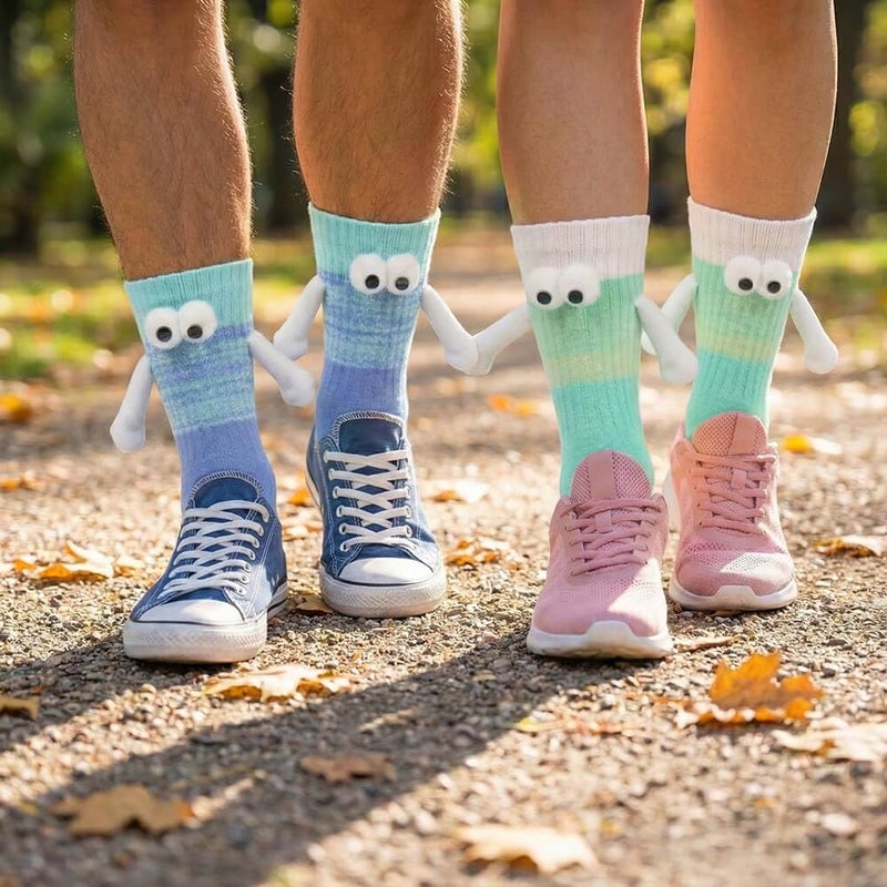 YKW Magnetic Crazy Socks - 2 Pairs Fun Cartoon Character Socks That Hold Hands - Unique Novelty Gifts for Men Women Best Friends (Green/White & Blue/Green) - Image 5